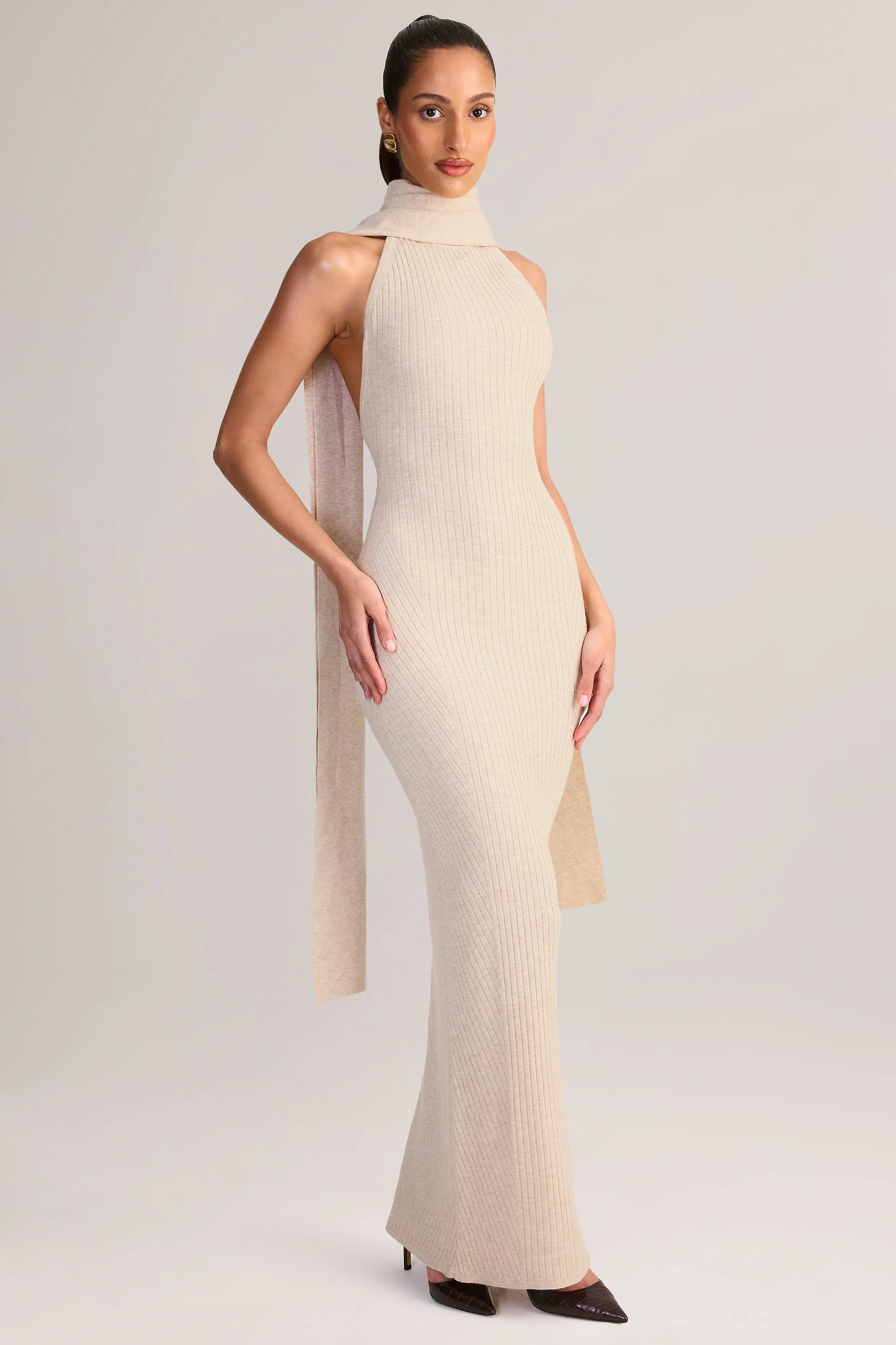 Rib-Knit Scarf-Detail Halterneck Maxi Dress in Cream