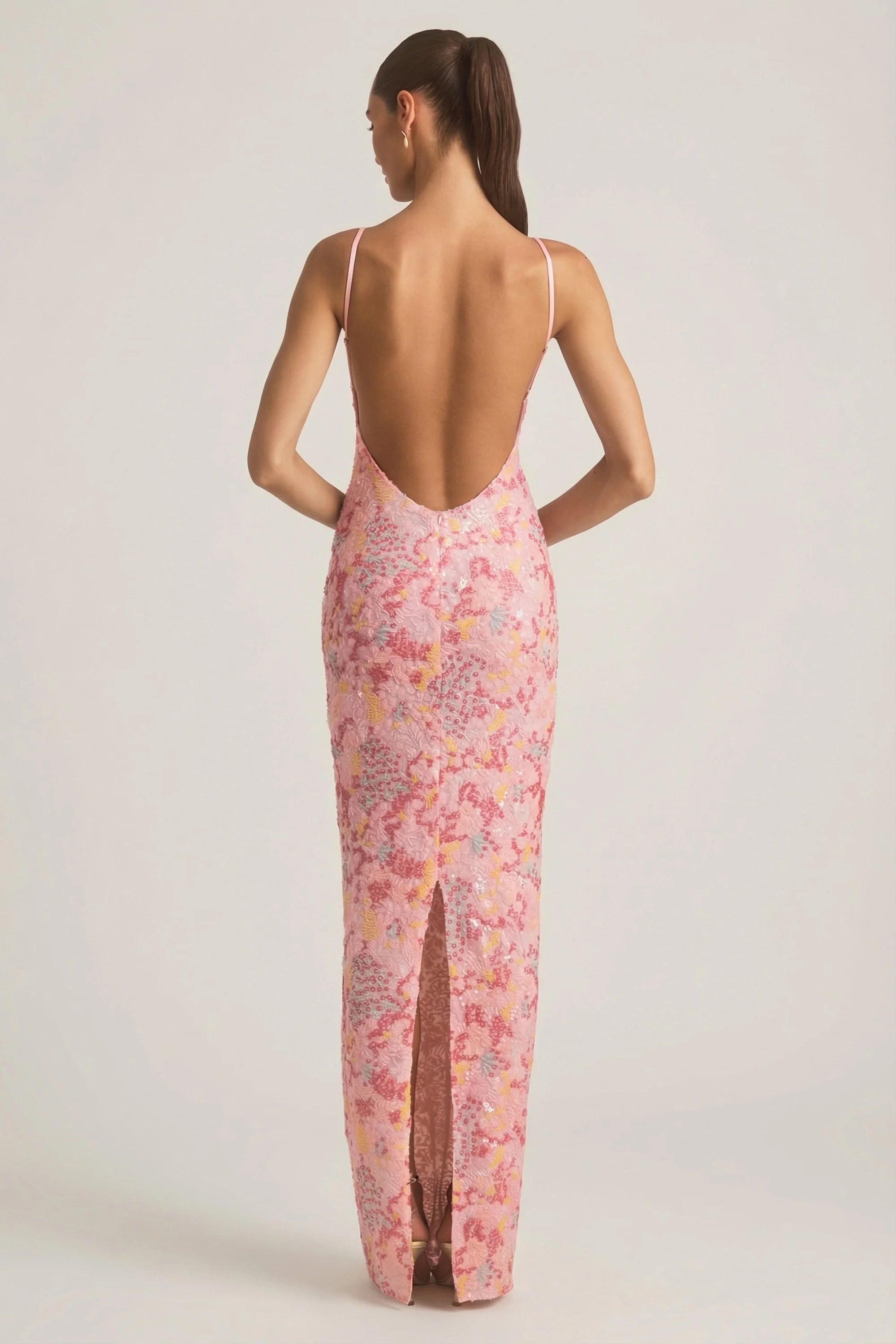 Embellished Scoop-Neck Backless Maxi Dress in Pink