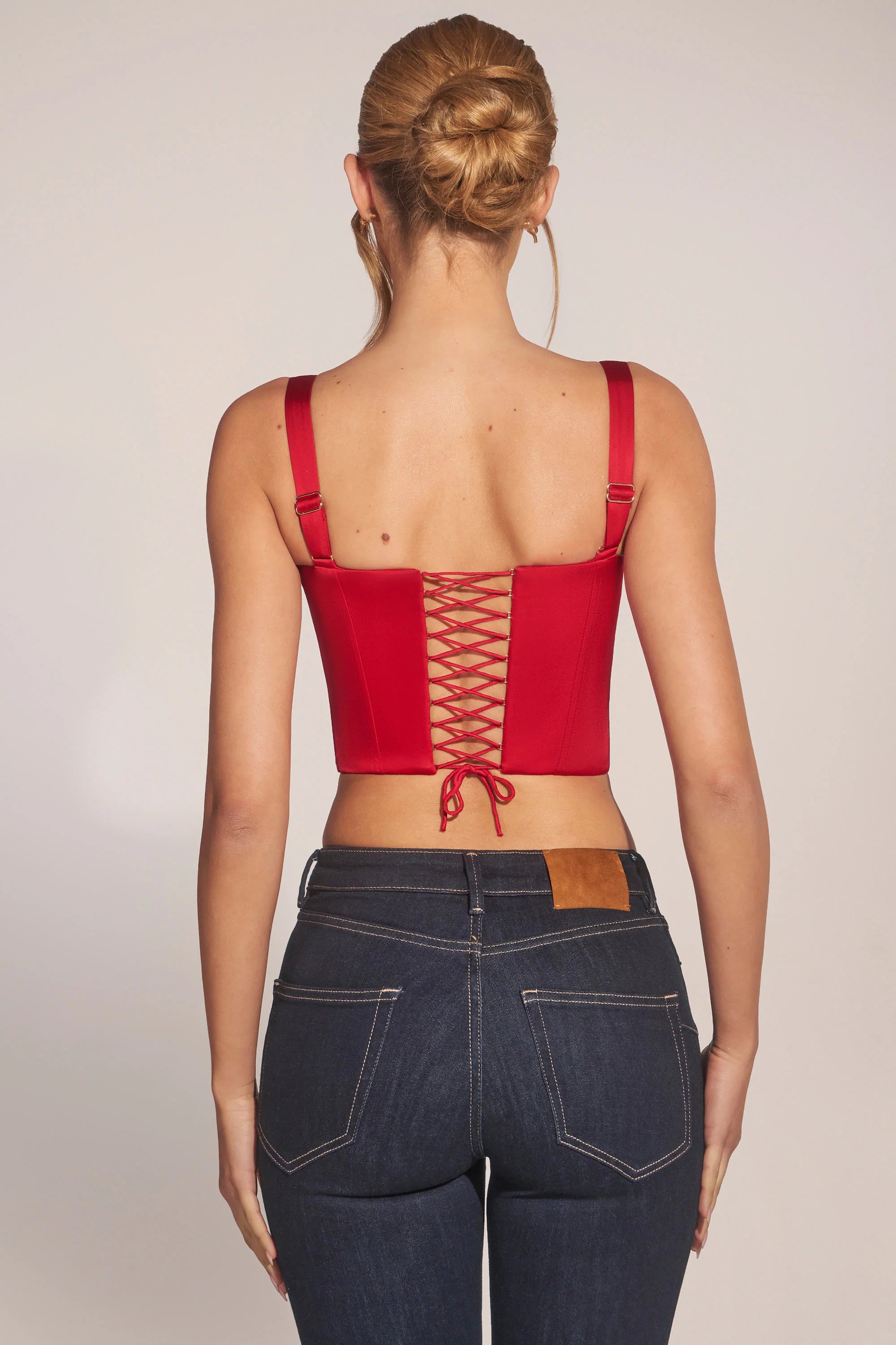 Sweetheart-Neck Lace-Up Corset Top in Rose Red