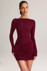 Modal Boat-Neck Draped Long-Sleeve Mini Dress in Wine