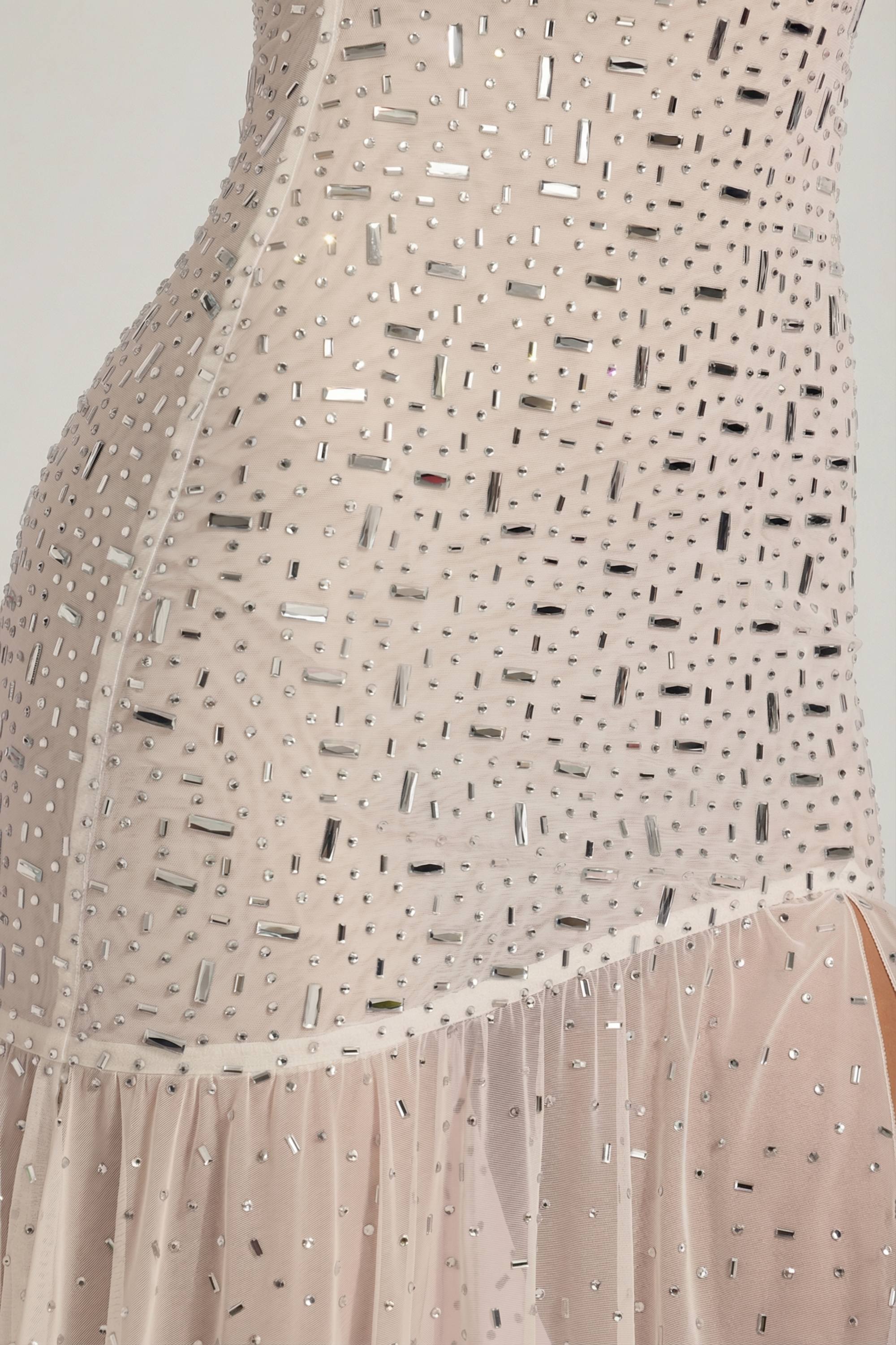 Semi-Sheer Embellished Asymmetric Maxi Dress in White