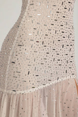 Semi-Sheer Embellished Asymmetric Maxi Dress in White