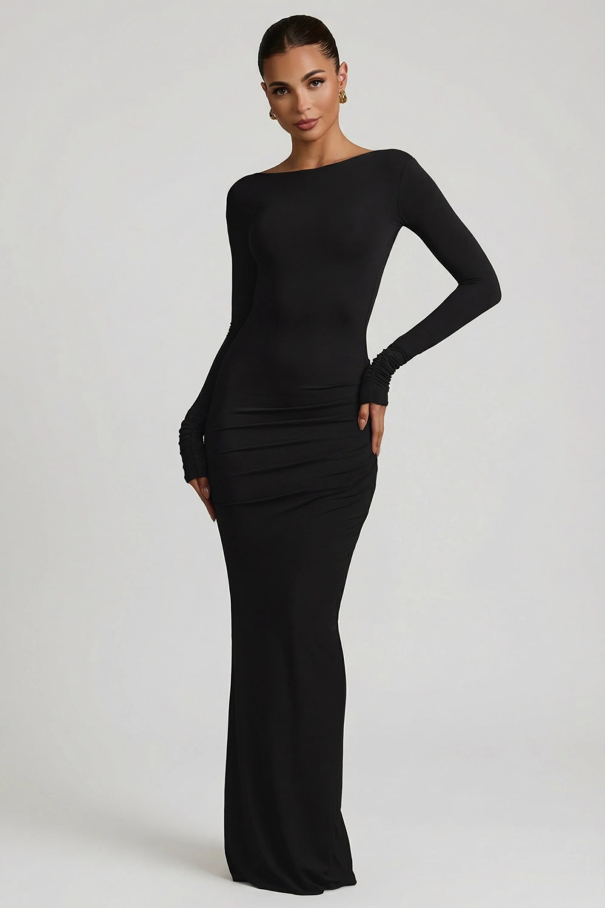 Modal Ruched Backless Maxi Dress in Black