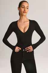 Modal Plunge Long-Sleeve Bodysuit in Black