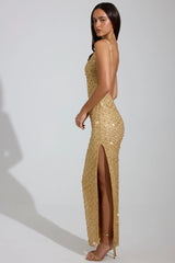 Embellished Scoop-Neck Thigh-Split Maxi Dress in Gold