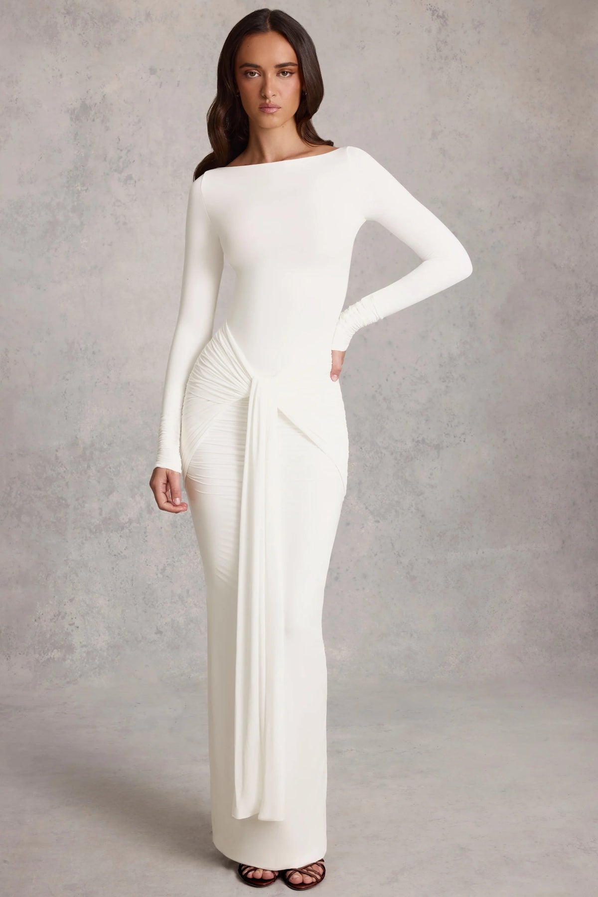 Soft Jersey Boat-Neck Tie-Gather Maxi Dress in White