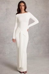 Soft Jersey Boat-Neck Tie-Gather Maxi Dress in White