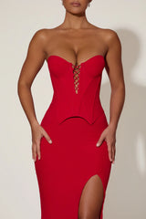 Lace-Up Corset Fishtail Maxi Dress in Red