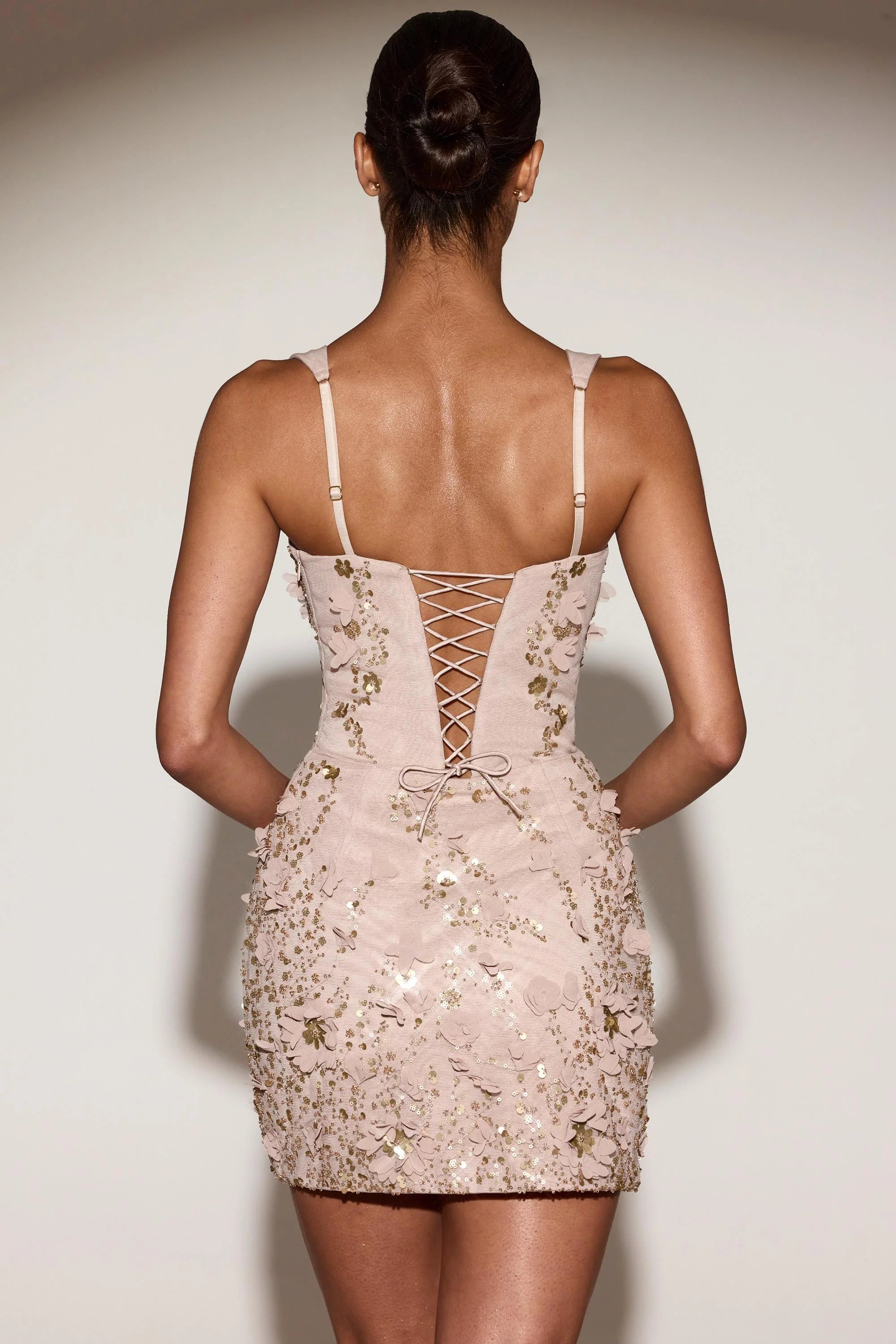 Embellished Appliqué Corset Mini Dress in Pale Gold