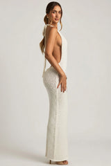 Bouclé Halterneck Maxi Dress in White