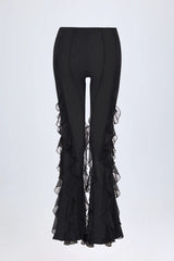 Ruffled Mid-Rise Flared Trousers in Black