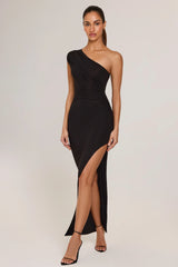 Modal Asymmetric Ruched Maxi Dress in Black