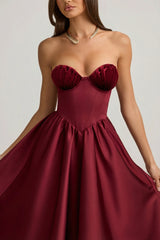 Strapless Corset Midi Dress in Wine Red