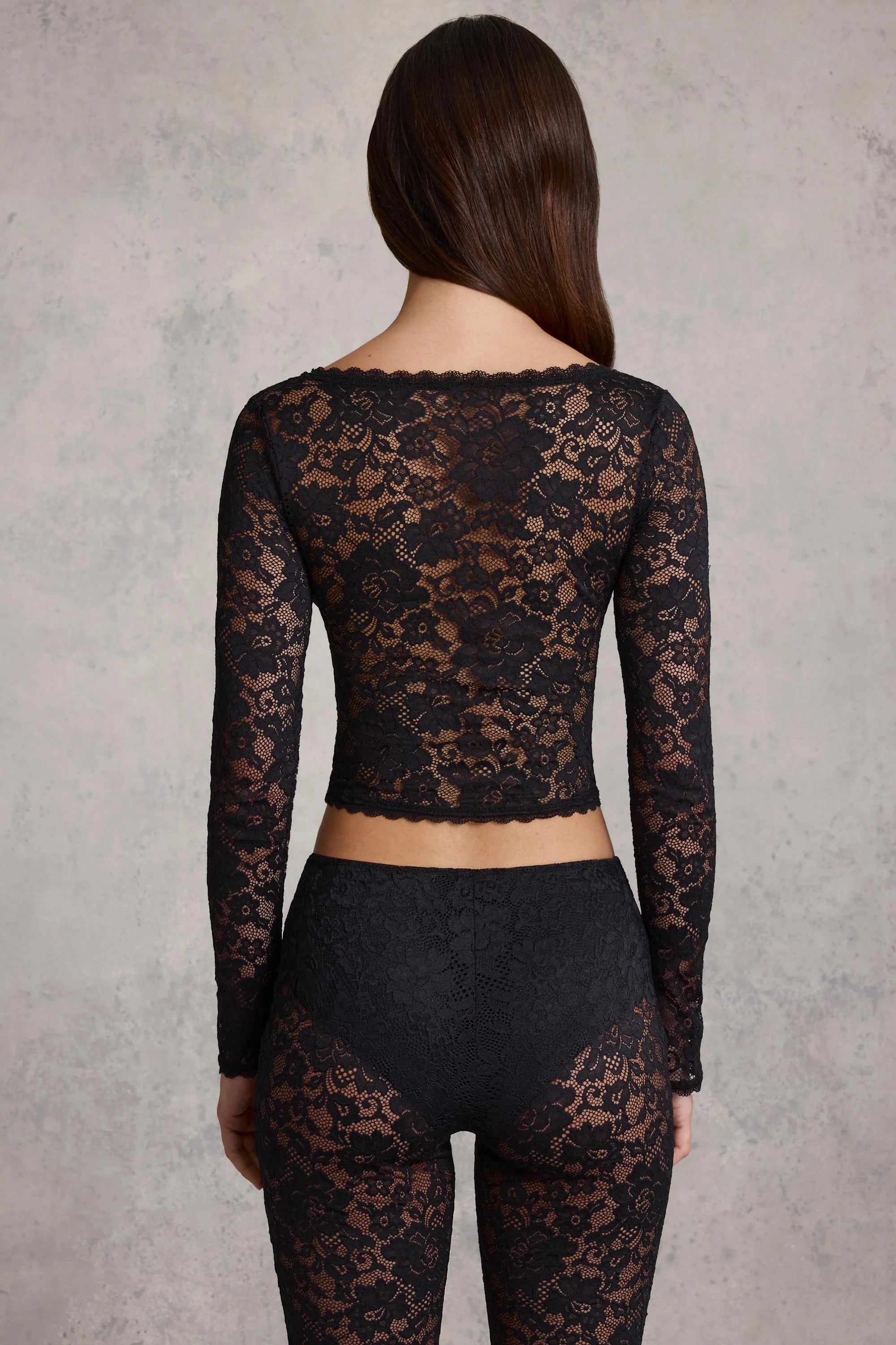 Sheer Lace Plunge-Neck Long-Sleeve Top in Black