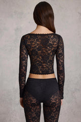 Sheer Lace Plunge-Neck Long-Sleeve Top in Black