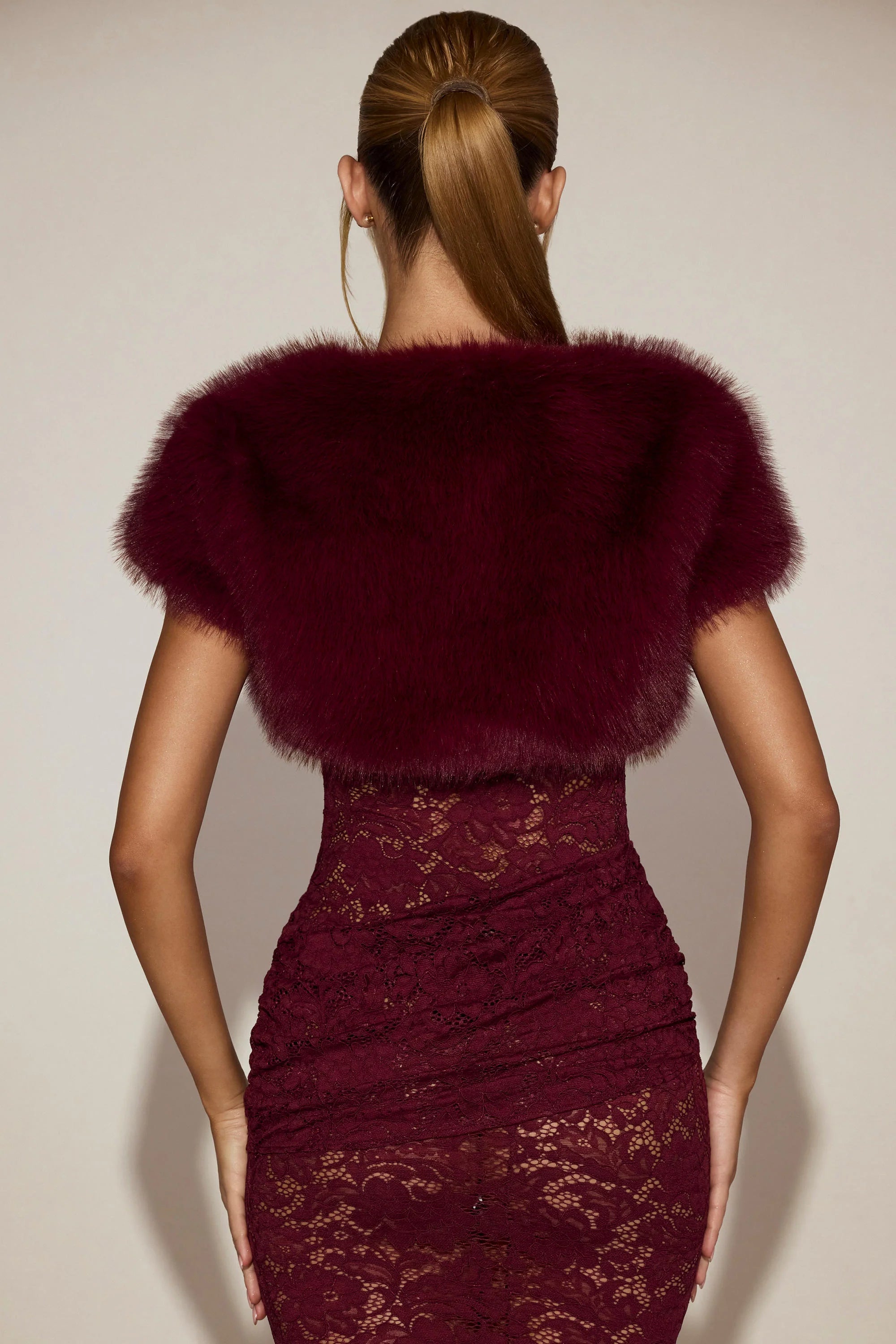 Faux-Fur Short Sleeve Bolero in Wine Red