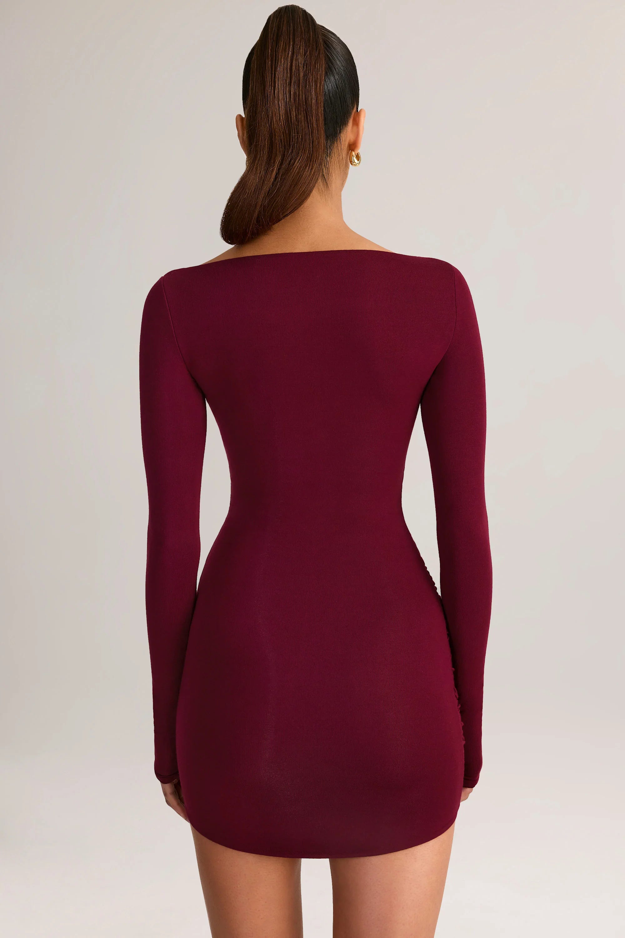 Modal Boat-Neck Draped Long-Sleeve Mini Dress in Wine