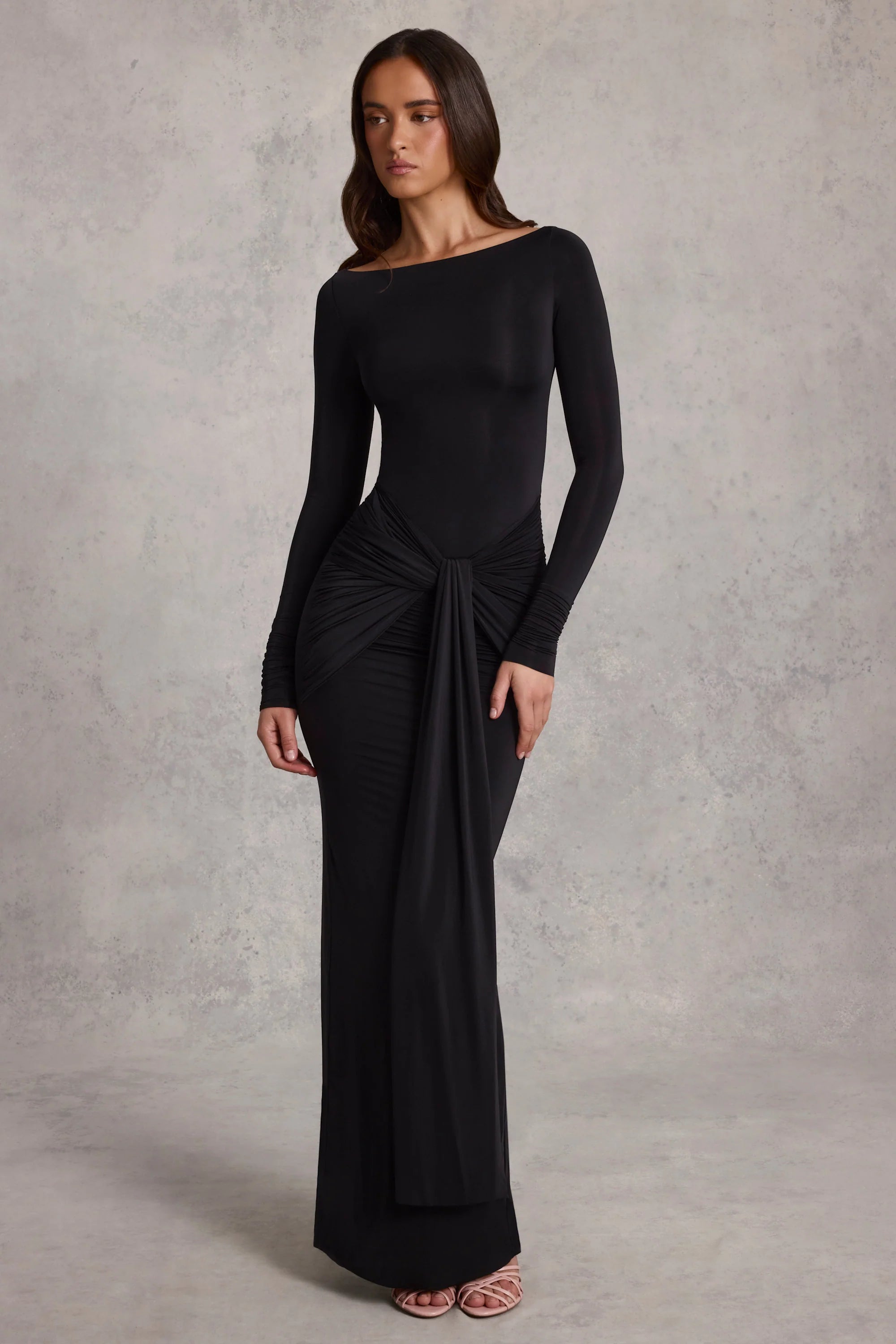 Soft Jersey Boat-Neck Tie-Gather Maxi Dress in Black