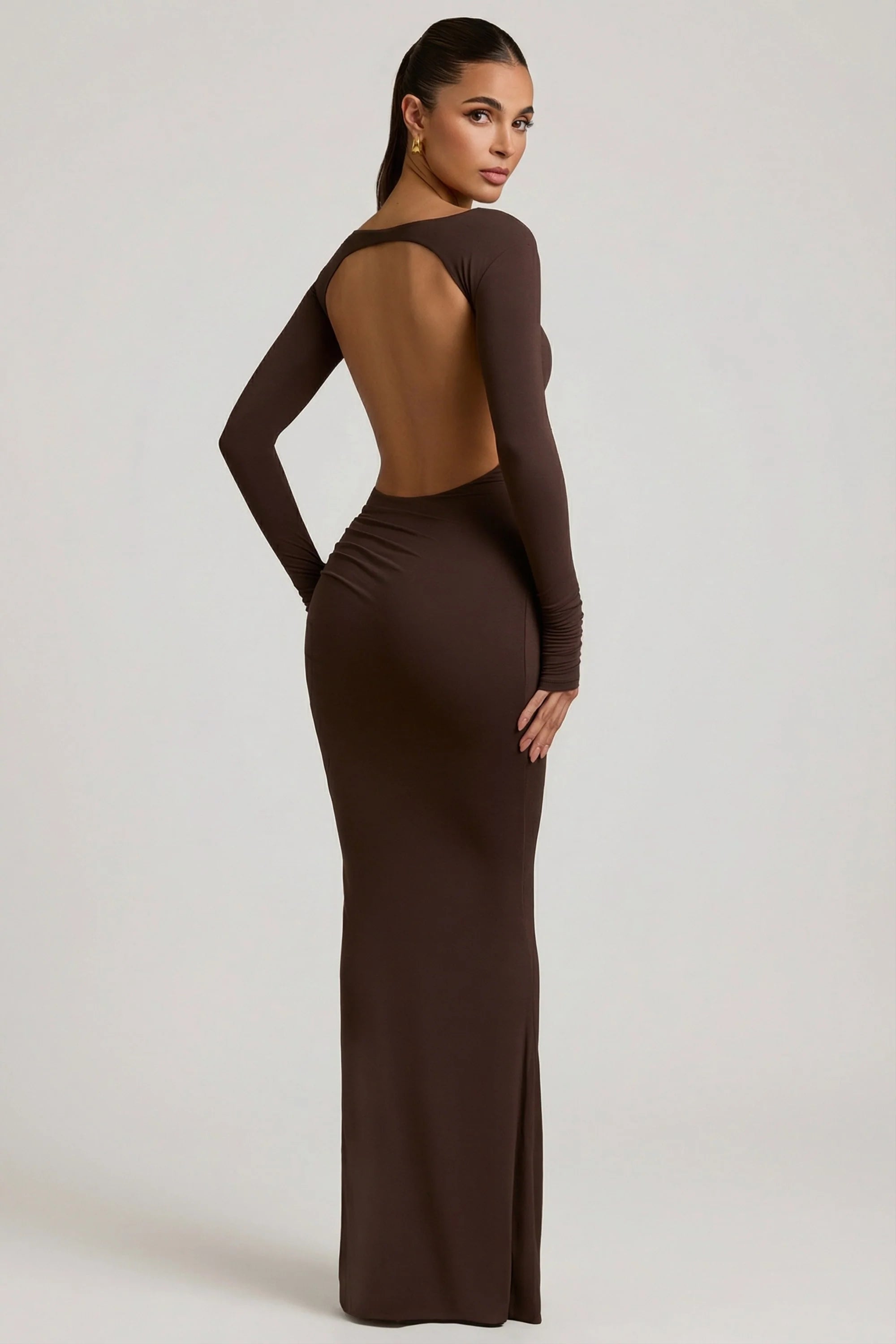 Modal Ruched Backless Maxi Dress in Chocolate Brown