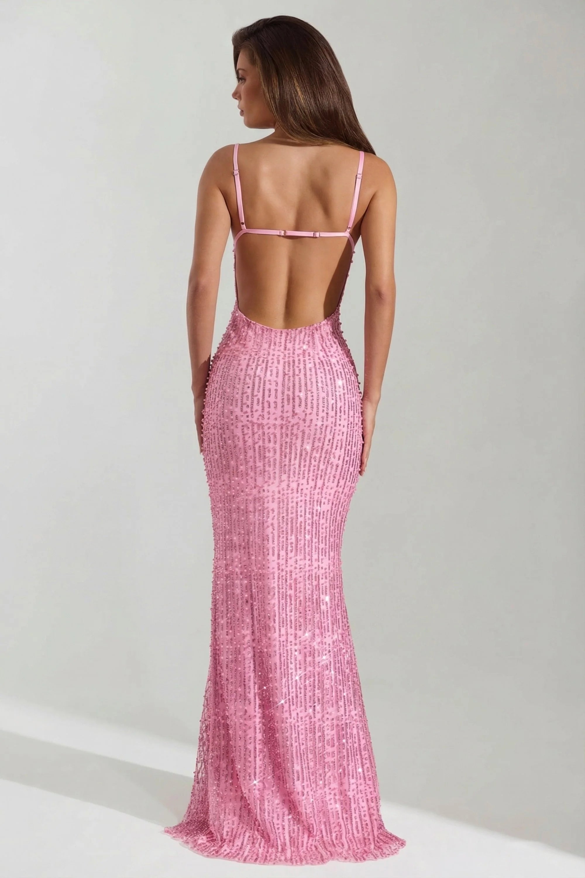 Embellished Cowl-Neck Backless Maxi Dress in Pink