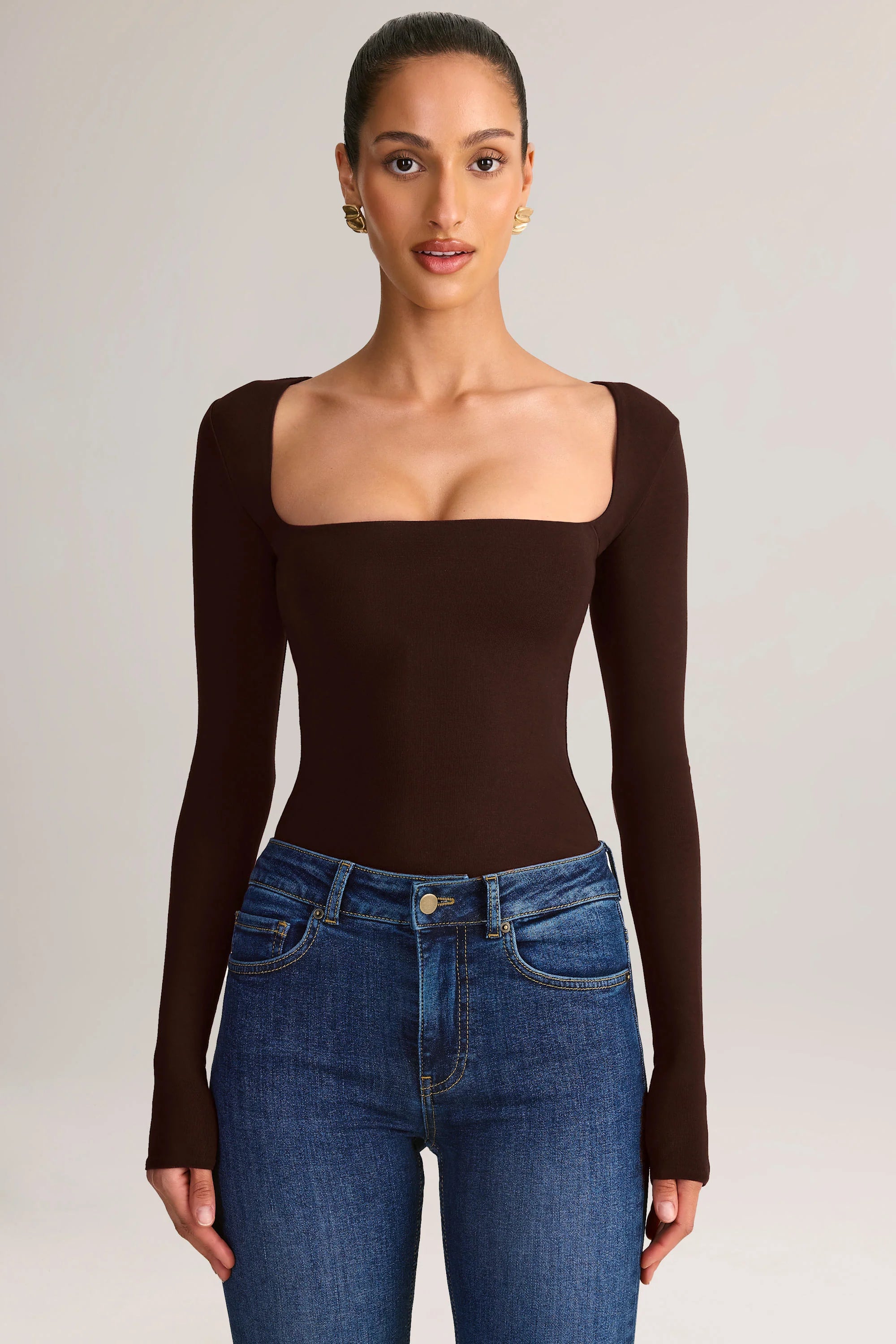 Modal Square-Neck Long-Sleeve Top in Chocolate Brown