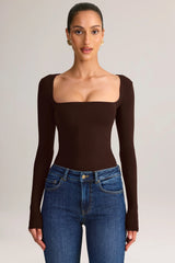 Modal Square-Neck Long-Sleeve Top in Chocolate Brown