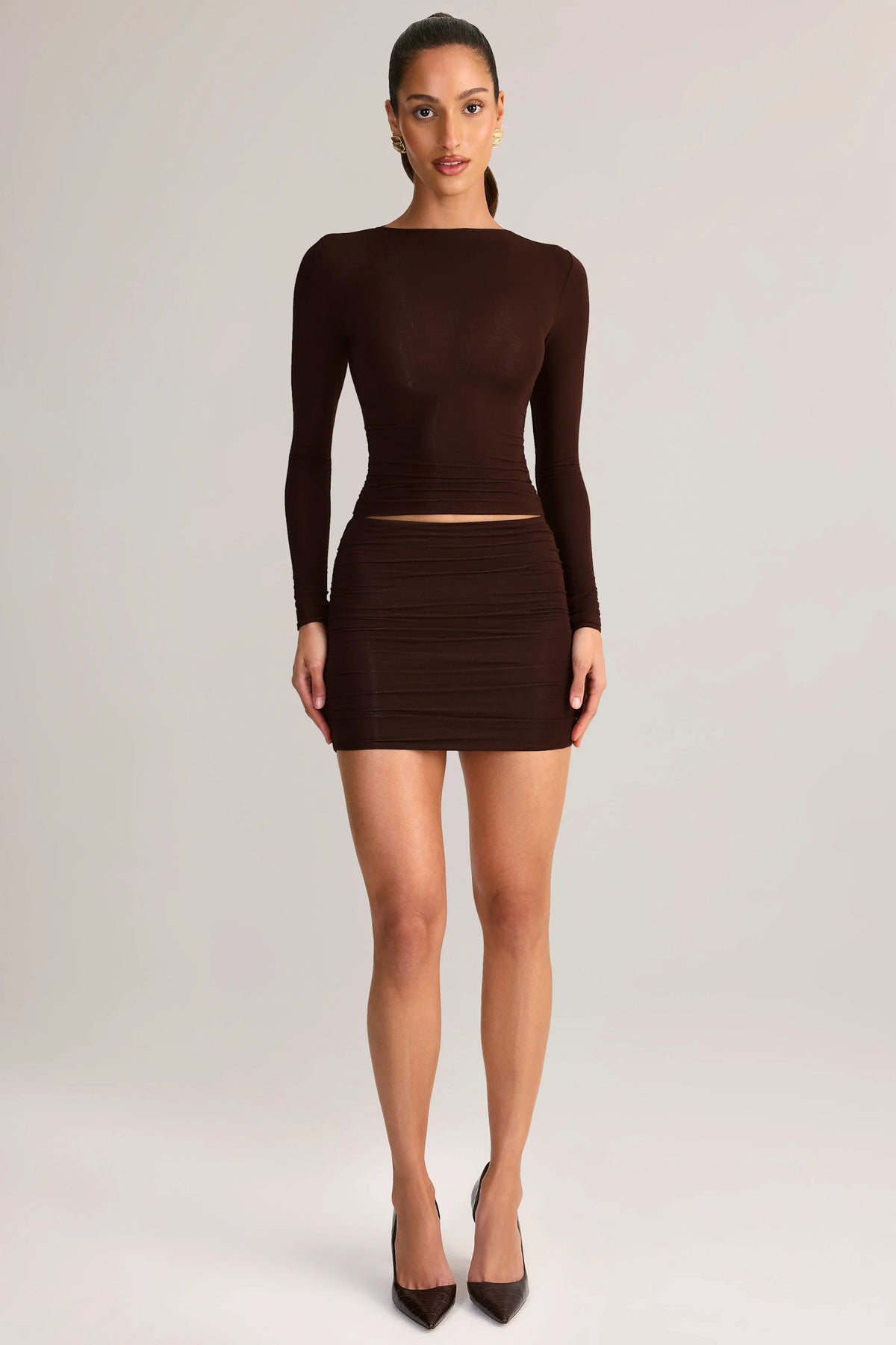 Modal Ruched Mid-Rise Mini Skirt in Chocolate Brown