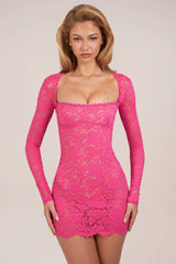 Sheer Scalloped-Lace Long-Sleeve Mini Dress in Hot Pink