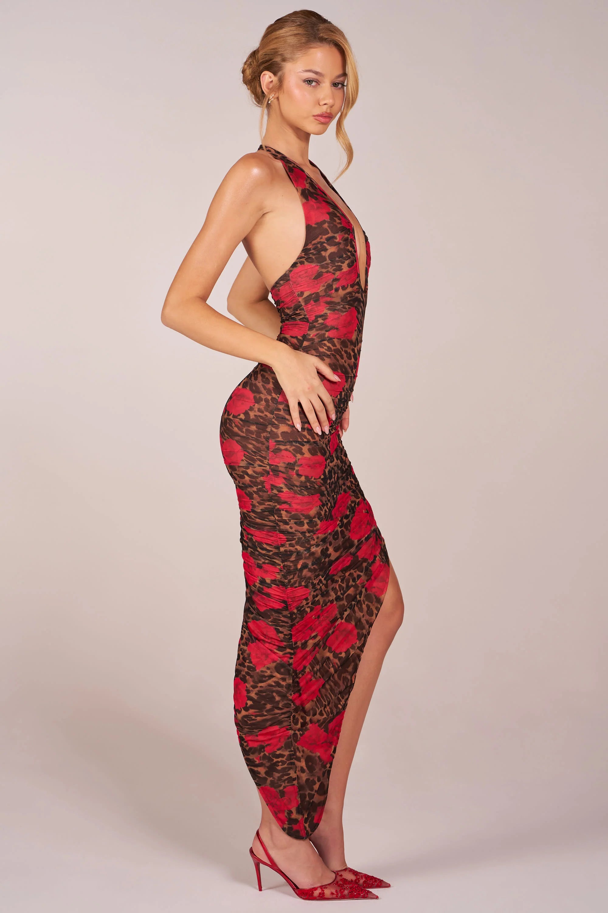 Halterneck Split Hem Midaxi Dress in Rose Leopard Print