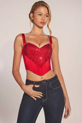 Sweetheart-Neck Lace-Up Corset Top in Rose Red