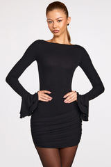 Ribbed Modal Long-Sleeve Draped Mini Dress in Black