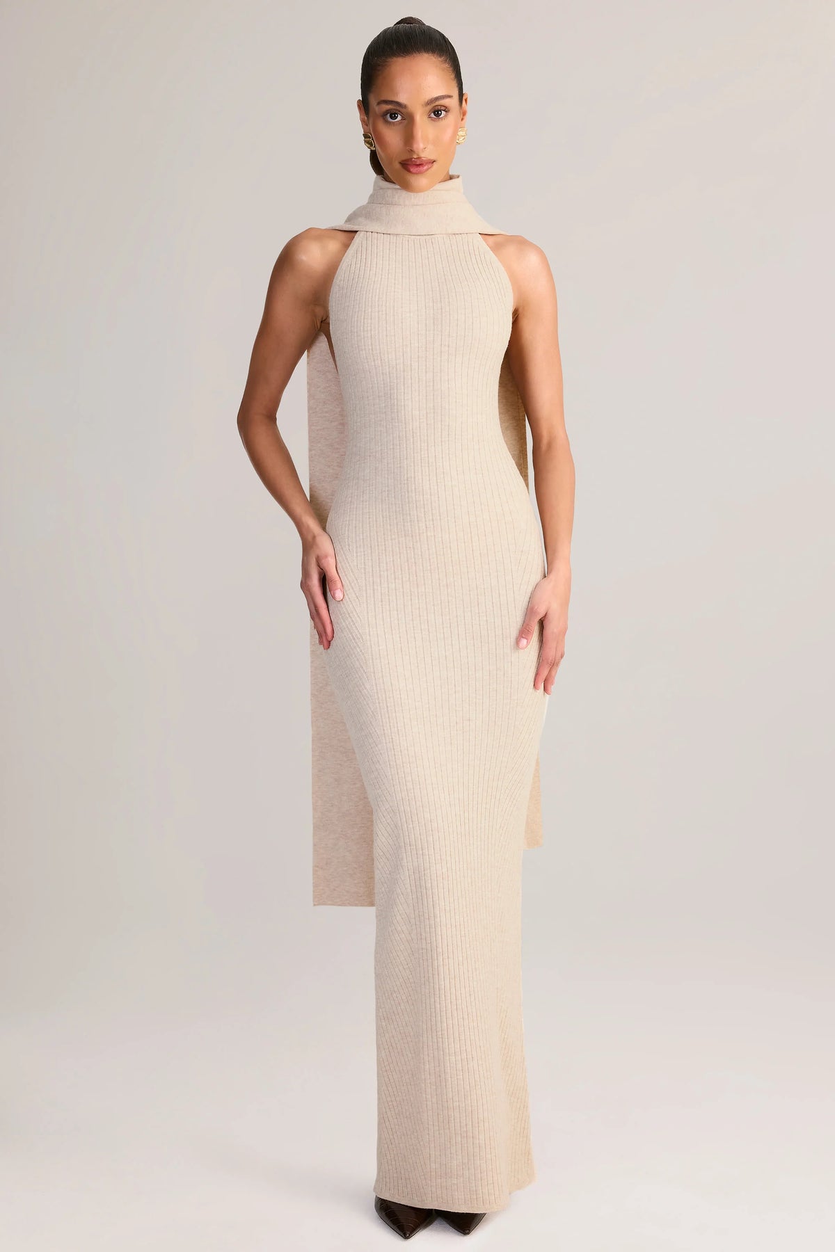 Rib-Knit Scarf-Detail Halterneck Maxi Dress in Cream