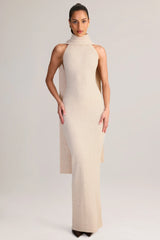 Rib-Knit Scarf-Detail Halterneck Maxi Dress in Cream