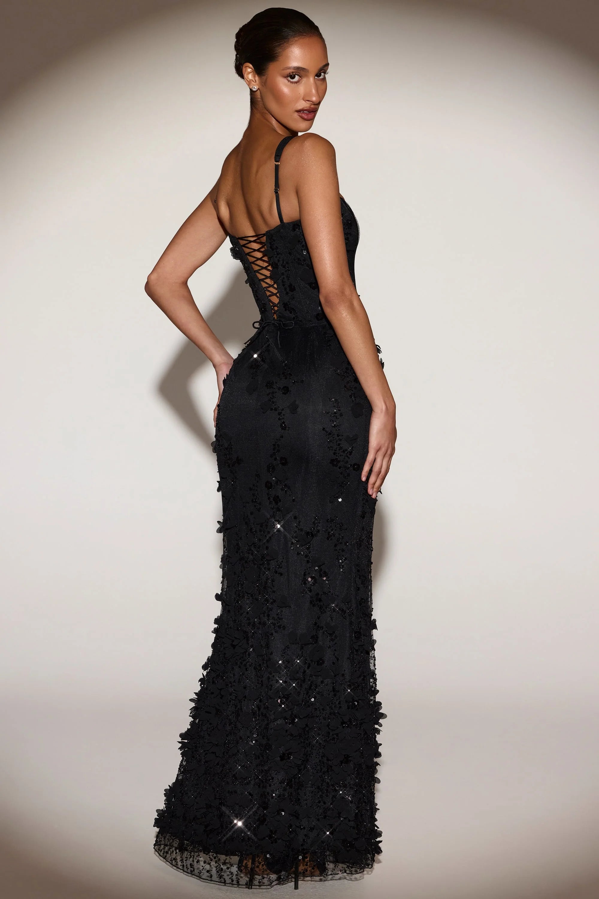 Embellished Appliqué Soft-Scoop Corset Gown in Black