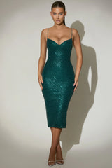 Embellished Sweetheart-Neck Midi Dress in Teal Green