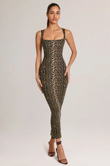 Modal Square-Neck Bodycon Midi Dress in Leopard Print