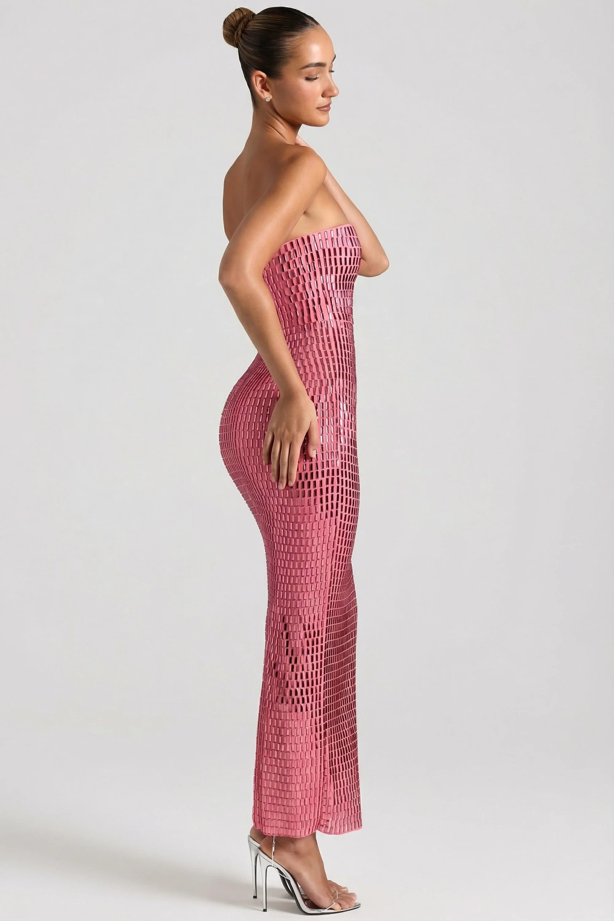 Embellished Strapless Bandeau Maxi Dress in Watermelon