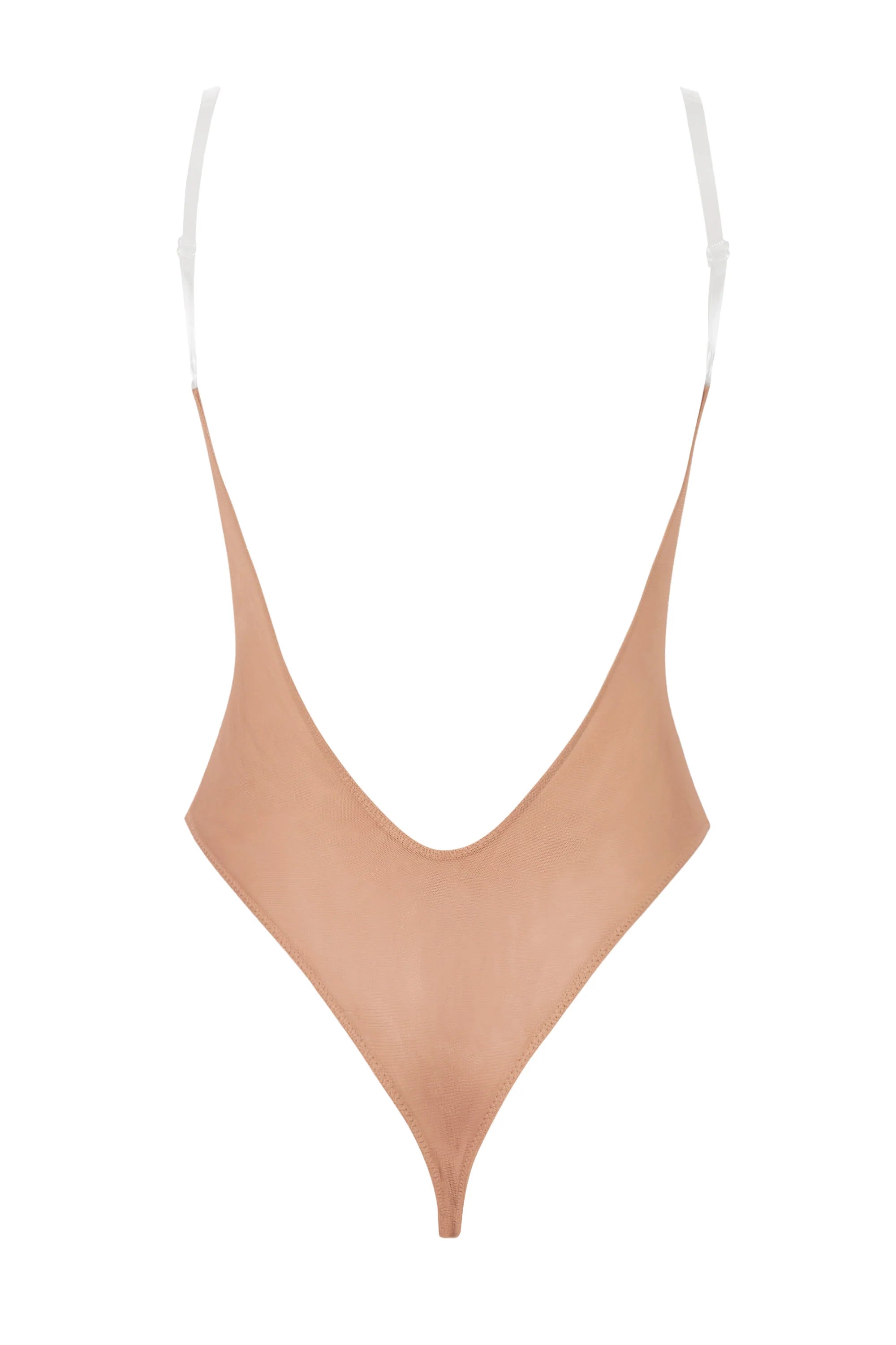 Soft Mesh Invisible Strap Thong Bodysuit in Warm Peach