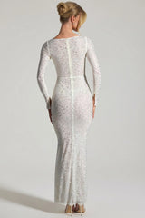 Embellished Long-Sleeve Fishtail Maxi Dress in White