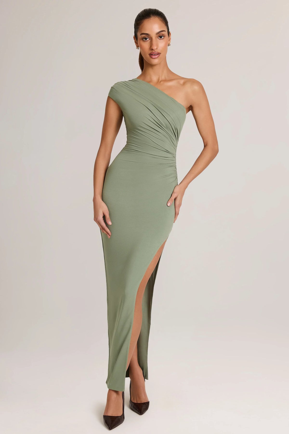 Modal Asymmetric Ruched Maxi Dress  in Sage Green