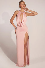 Cowl-Neck Thigh-High Gown in Blush Pink
