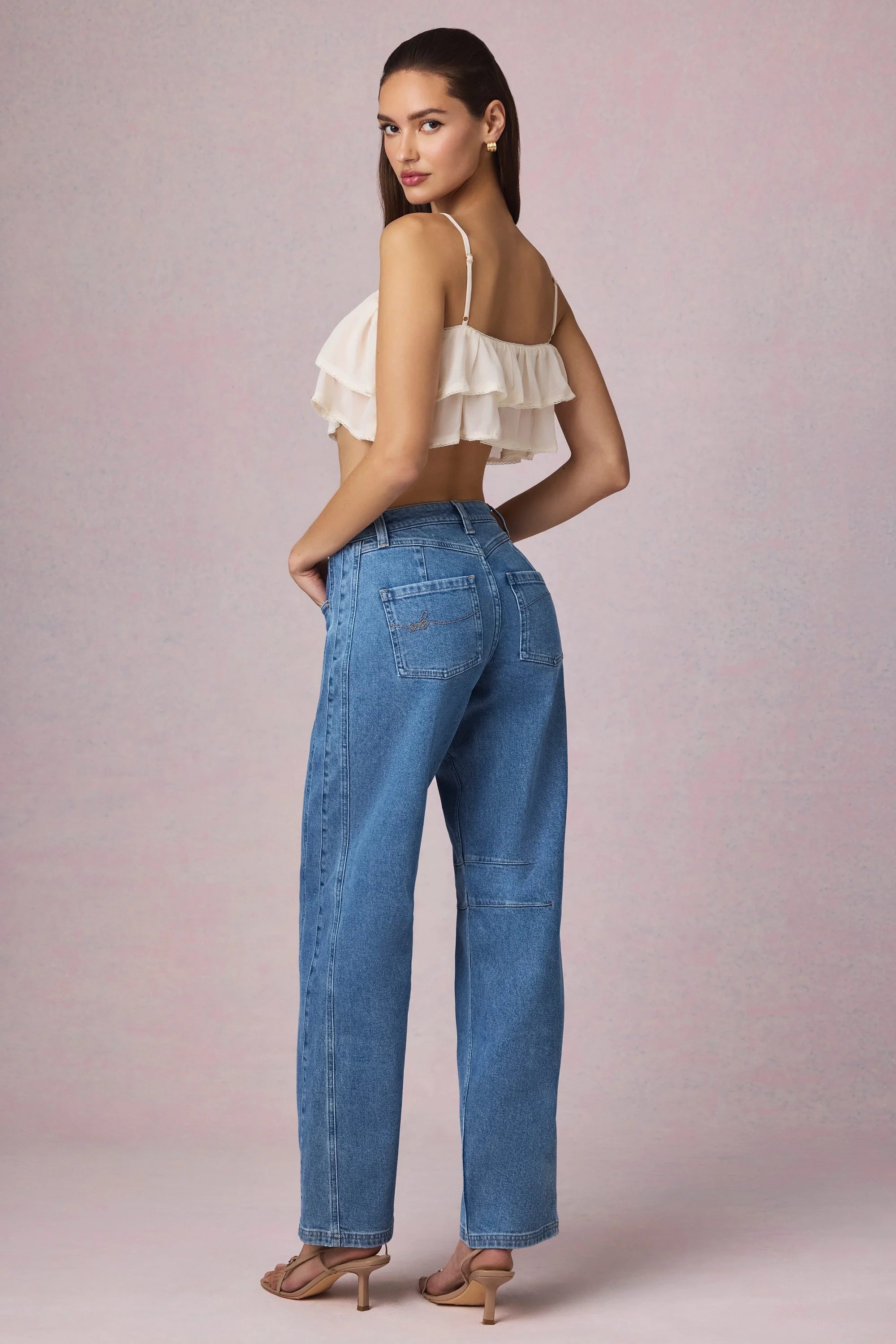 Mid-Rise Barrel-Leg Jeans in Mid-Blue Wash