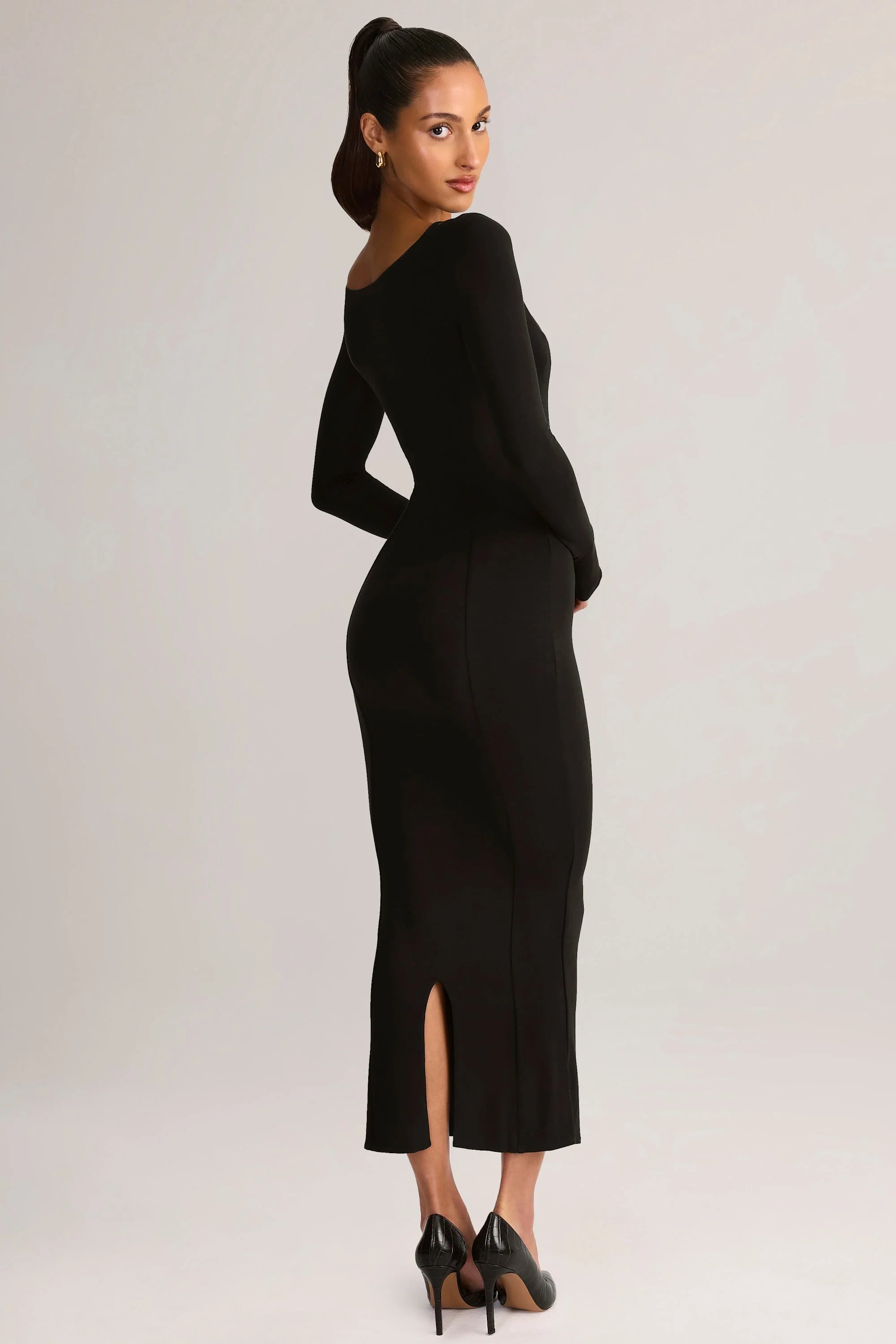 Modal Peekaboo Long-Sleeve Midi Dress in Black