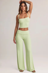 Modal Foldover Wide-Leg Trousers in Sage Green