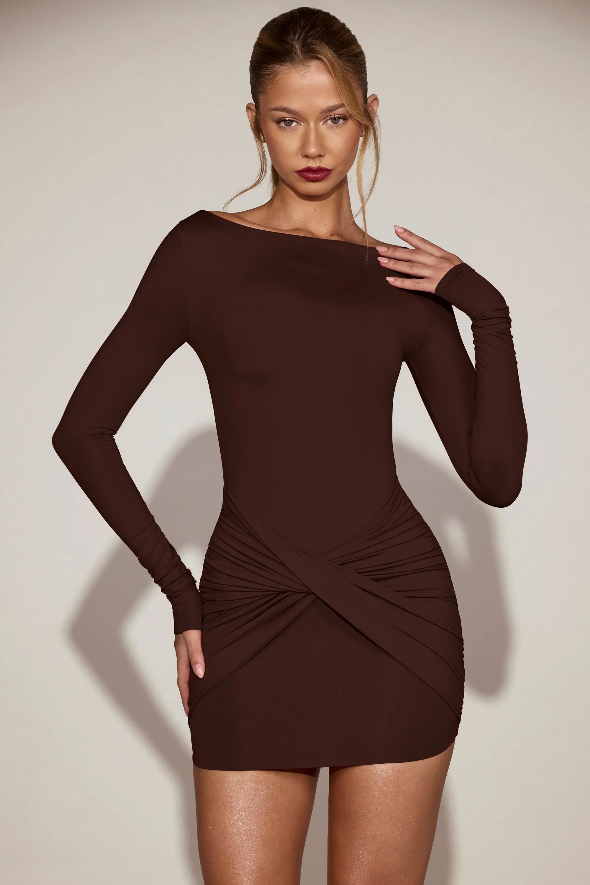 Soft-Jersey Boat-Neck Draped Mini Dress in Chocolate Brown