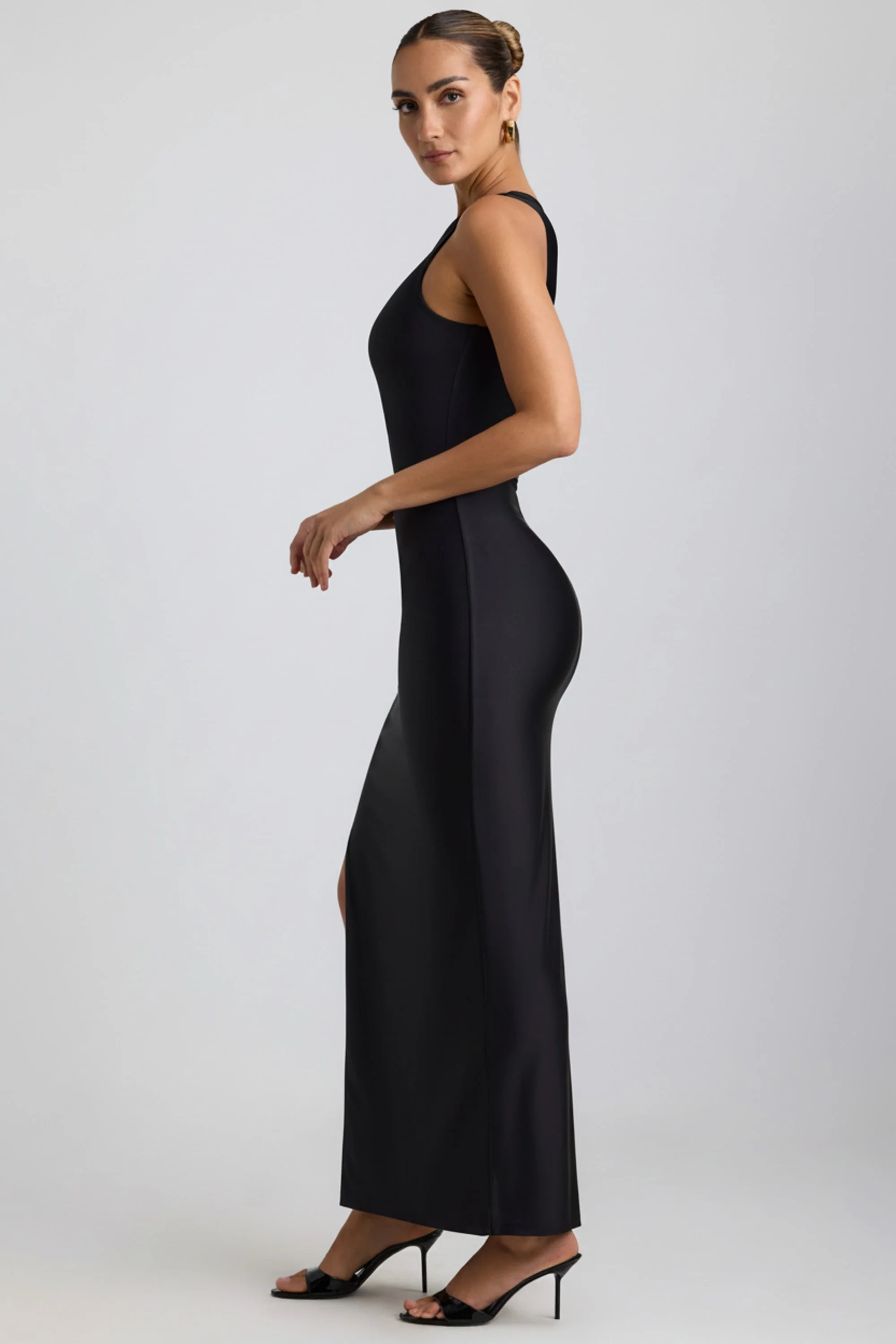 Ruched Asymmetric One-Shoulder Maxi Dress in Black