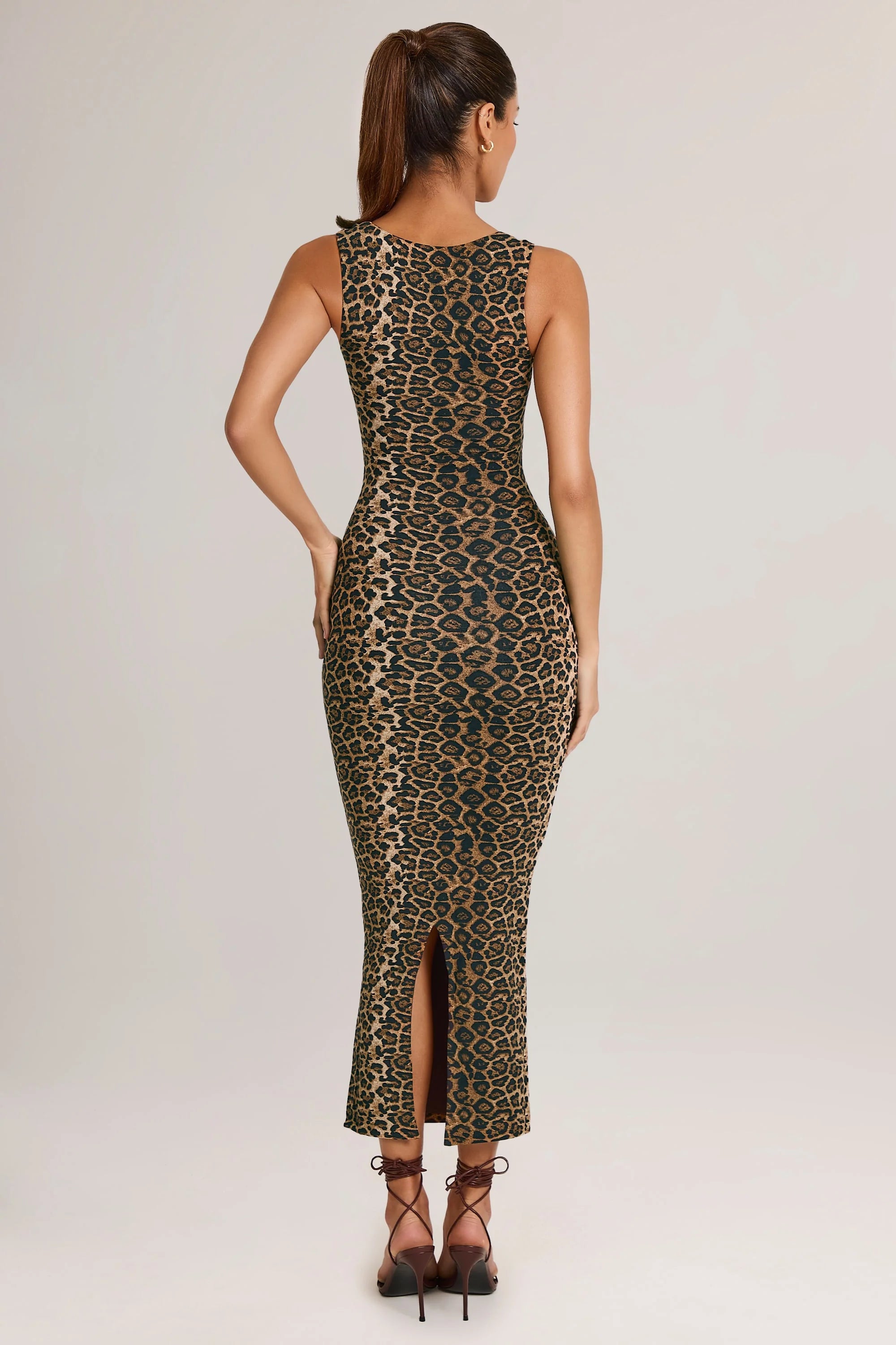 Modal Square-Neck Bodycon Midi Dress in Leopard Print