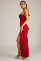 Embellished Strapless Cowl-Neck Maxi Dress in True Red