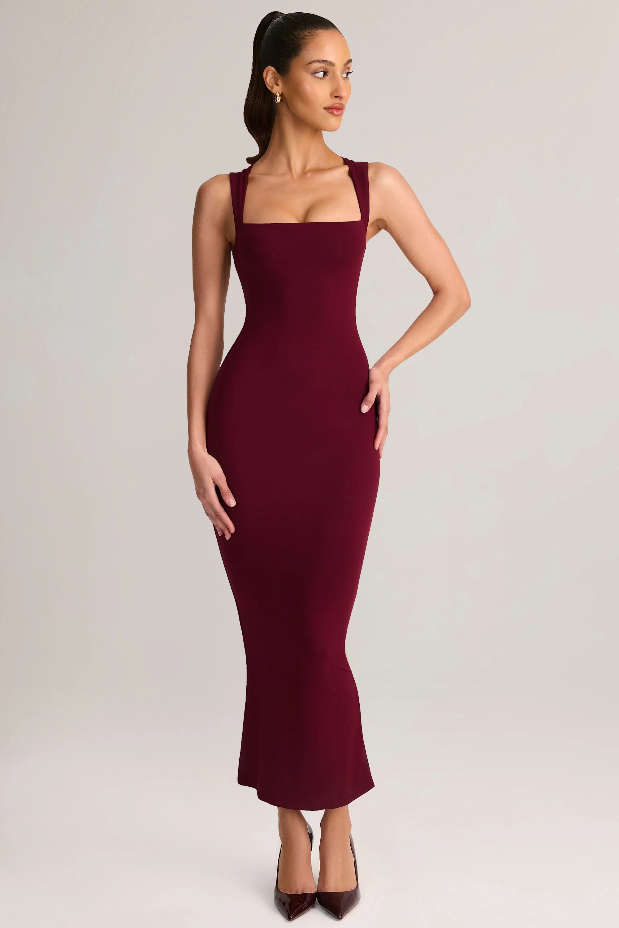 Modal Square-Neck Bodycon Midi Dress in Wine