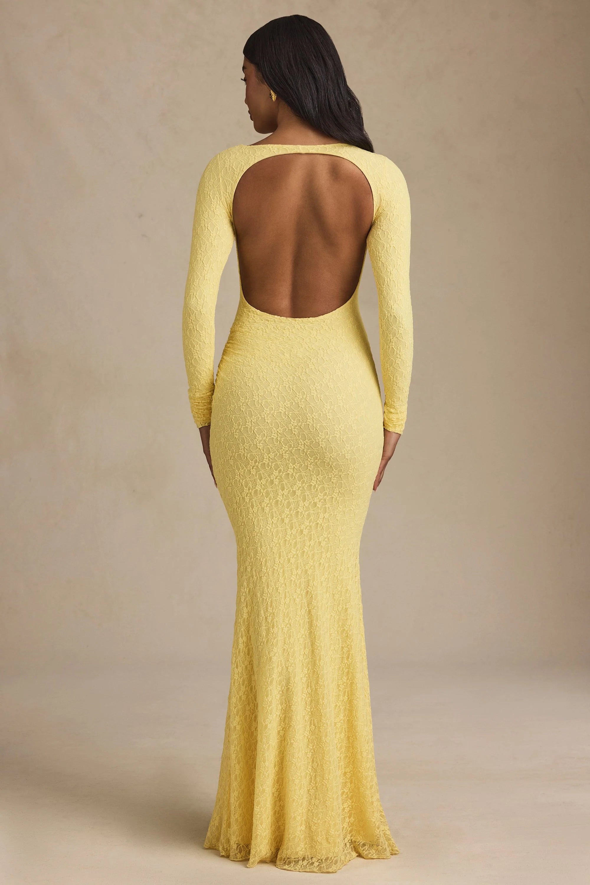 Ruched Backless Lace Maxi Dress in Pastel Yellow